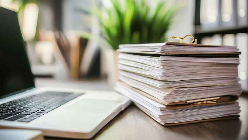 Neat stack of white paper documents with corners perfectly aligned on wooden desk surface, symbolizing organized office workflow and document management
