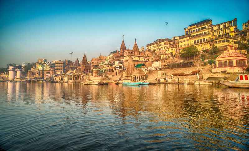Varanasi ghats and Ganges River at sunrise India