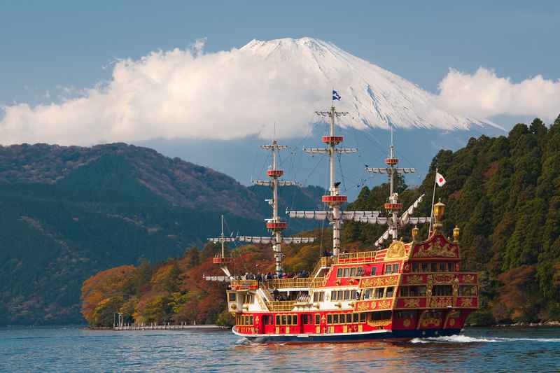 Mount Fuji and Lake Ashi with red torii gate in Hakone Japan