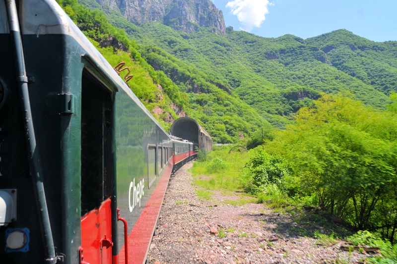Train passing through Copper Canyon Chihuahua Mexico