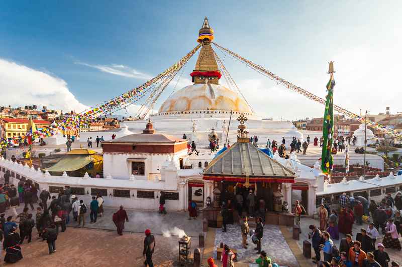 Boudhanath Stupa with prayer flags in Kathmandu Nepal